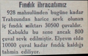  Fındık ihracatımız 928 mahsulünden bugüne kadar Trabzundan harice sevk olunan iç fındık miktarı 30500 çuvaldır. Kabuklu bu