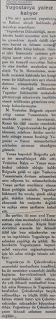  - Ffarici meseleler — —— —— ğj Yugoslavya yalnız kalıyor (Nir ist) gazetesi yııgoslavya ve Balkan ahvali hakkında şv,l...