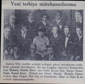  Ankara Orta muallim mektebi pedagoji e şubesi mezunlarının resimlerini yukarıda dercediyoruz. Ön sıra ( sağdan itibaren )...