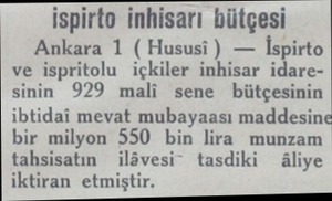  ispirto inhisarı bütçesi Ankara 1 ( Hususi ) — İspirto ve ispritolu içkiler inhisar idaresinin 929 mali sene bütçesinin...