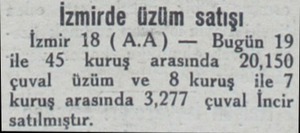  İzmirde üzüm satışı İzmir 18 (A.A) — Bugün 19 ile 45 kuruş arasında 20,150 çuval üzüm ve 8 kuruş ile 7 kuruş arasında 3,277