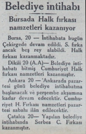  Belediye intihabı Bursada Halk fırkası namzetleri kazanıyor Bursa, 20 — İntihabata bugün Çekirgede devam edildi. S. fırka...