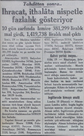  Tahditten sonra.. Ihracat ithalâta nispetle fazlalık lalık gösteriyor 10 gün zarfında İzmire 381,299 liralık mal girdi,...