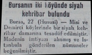  Bursanın iki köyünde siyah kehribar bulundu Bursa, 22 (Hususi) — Misi ve Demirci köylerinde bir siyah kehribar damarına...