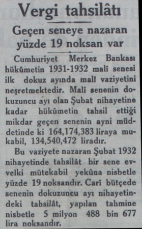  Vergi tahsilâtı Geçen seneye nazaran yüzde 19 noksan var Cumhuriyet Merkez Bankası hükümetin 1931-1932 mali senesi ilk dokuz