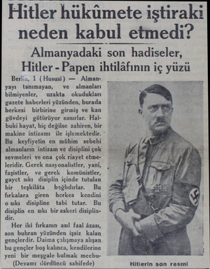  Hitler hükümete iştiraki neden kabul etmedi? Almanyadakı son hadiseler, Hitler - Papen ihtilâfının iç yuzu Berlin, 1 (Hususi)