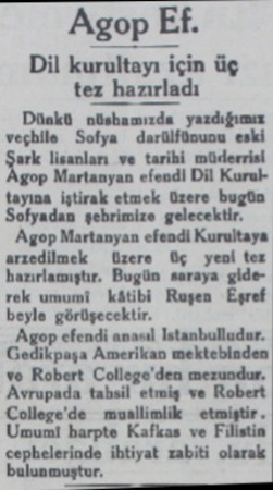  Agop ER. Dil kurultayı tez hazırlı Düskü nüshamızda yazdığımız veçhile Sofya / darülfünunu eski şark Jisanları ve tarihi...