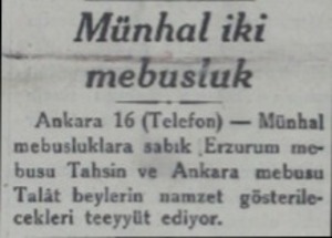  Münhal iki — mebusluk Ankara 16 (Telefon) — Münhal yi cekleri teeyyüt ediyı...