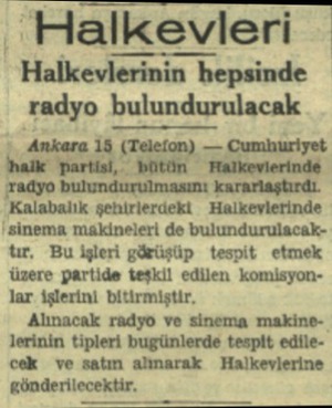  Halkevleri Halkevlerinin hepsinde radyo bulundurulacak Ankara 15 (Telefon) — Cumhuriyet y bulundurulmasını k Kalabalık...