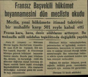  " Fransız Başvekili hükümet "beyannamesini dün mecliste okudu - Meğlis, yeni hükümete itimad takririni bir muhalife karşı 501