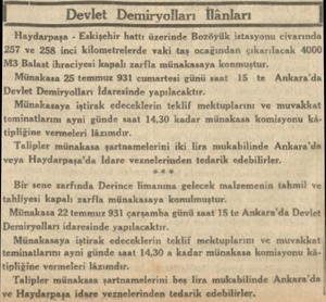  Devlet Demiryolları İlânları Haydarpaşa - Eskişehir hattı üzerinde Bozöyük istasyonu civarında 257 ve 258 inci kilometrelerde