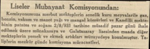  Liseler Mubayaat Komisyonundan: Komisyonumuza merbut mekteplerin senelik kuru meyvalarile gaz, benzin, vakum ve mazot yağı ve