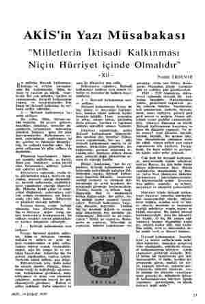  AKİS'in Yazı Müsabakası "Milletlerin İktisadi Kalkınması Niçin Hürriyet içinde Olmalıdır" ir milletin iktisadi kalkınması-