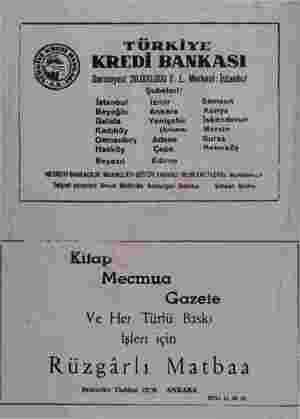    TÜRKİYE KREDİ BANKASI Sermayesi 20.000.000 T. L Merkezi: İstanbul Şubeleri! İstanbul İzmir Samsun Beyoğlu Ankara Konya...