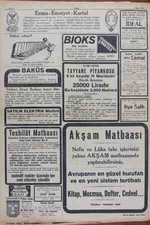    Akşam 1 Mart 1929 — Ermis -Emniyet - Kartal brikaları Türk Anonim şirketi id. hanesi Galata 7r - sermayesi: 150,000 Türk