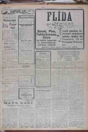    İngiliz Haci Hüseyin vapurları Haftalık izmir postası Hüseyniye vaporu. 8 Nisan Pazar tesi G 8 de Sirkeci rih- timından kik