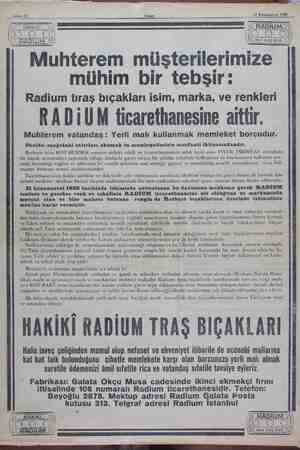    — Sahife 12 27 Kânunuevvel 1929 a HAt İ e X < & RADİUM Muhterem müşterilerimize mühim bir tebşir: Radium tıraş bıçakları