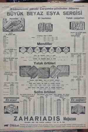  Sahife 12 Akşam 15 Kânunusani 1930 —| 15 kânunusani yarınkı Carşamba gününden itibaren BÜYÜK BEYAZ EŞYA SERGİSİ El havluları