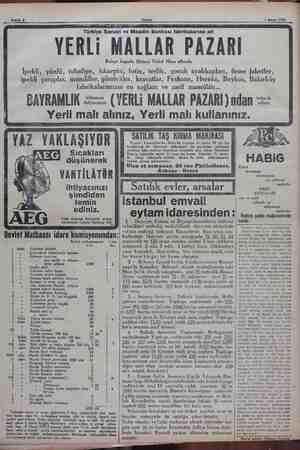    Sahife Akşam 5 Mayıs 1930 Türkiye Sanayi ve Maadin Bankası fabrikalarına alt YERLi MALLAR PAZARI İpekli, yünlü, tuhafiye,