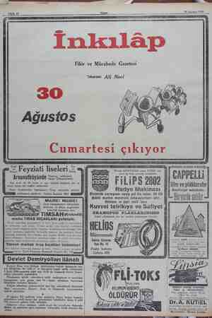    19 Ağustos 1930 Akşam Sahife 12 İnkılâp Fikir ve Mücahede Gazetesi Zıkaran: A/i Naci 2 15 / 7 7 Z. 7 My 7) Yi, 4 1 47 ZAR,