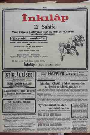  hife Akaşm/ 30 Ağustos 1930 © Sai nkılap 12 Sahife Yarın intişara başlayacak olan bu fikir ve mücadele gazetesini okuyunuz (