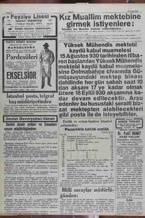    a Sahife 8 18 Eylül 1930 » Feyziye Lisesi Ee İstanbul - NiŞANTAŞI Erkek (Telefon: Beyoğlu 4039) Metini Tam devreli Lisedir,