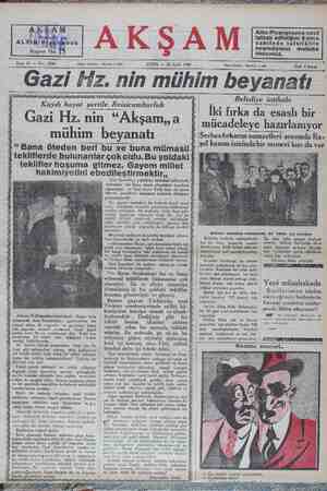  - Sene 13 — No 4296 ıııııııııııııııııııı CUMA — 26 Eylül 1930 : İstanbul — 1484 FhSEuq Gazı Hz. Nin muhım bey yana tı -— LA Belediye intihabı İki fırka da esaslı bir Kaydı İıayat sartıle Reısıcumhurluk Gazi Hz.nin “Akşam..a M mı noılnını T Ln ___________ 