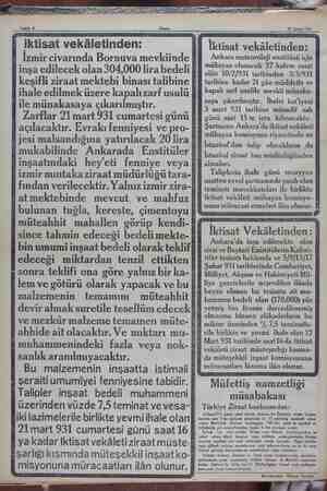    “ iktisat vekâletinden: i İzmir civarında Bornuva mevkiinde ! inşa edilecek olan 304,000 lira bedeli | keşifli ziraat...