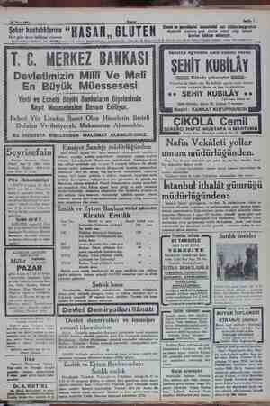  HASAN, GLÜTEN SAN ECZA DEPOSU Tel. 20711 İstanbul ve Ankara büyük bakkaliye ME İzmir'de: 30 Mart 1931 Şeker hastalıklarına ““