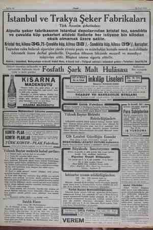  Sahife 12 Akşam ö b ğ 26 Eyüll 1932 İstanbul ve Trakya Şeker Fabrikaları ürk Anonim şirketinden: Alpullu şeker fabrikasının