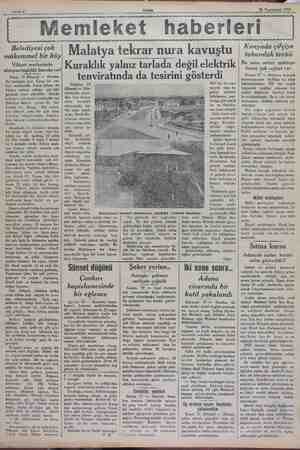  Sahile 6” Akşâm 20 Teşriniseni 1932. “Memleket haberleri m Malatya tekrar nura kavuştu Kuraklık yalnız tarlada değil elektrik