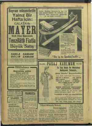    Sahife 12 Akşam 31 Mart 1933 Bayram münasebetile Yalnız Bir Hafta için: GALATA'da MAYER Büyük Elbise Mağazasında enzilatlı