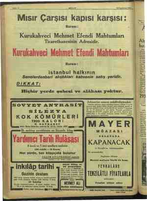    Sahife 12 "AKŞAM inlevvel. 1933 Mısır Çarşısı kapısı karşısı : : Burası : Kurukahveci Mehmet Efendi Mahtumları...