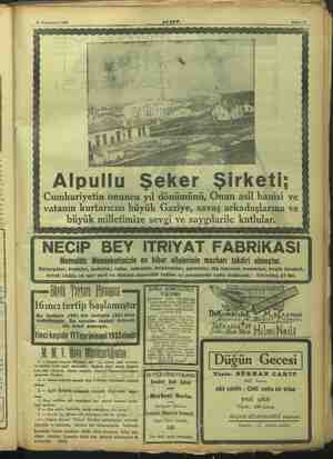    31 Teşrinievvel 1933 AKŞAM. Alpullu Şeker Şirketi; Cumhuriyetin onuncu yıl dönümünü, Onun asil banisi ve vatanın...