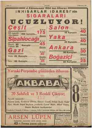    3 ve ve Sahife 12 AKŞAM 3 Könunusani 1934 pan mı 4 Kânunusani 1934 ten itibaren maun iNHISARLAR iDARESİ'nin SIĞGARALARI...