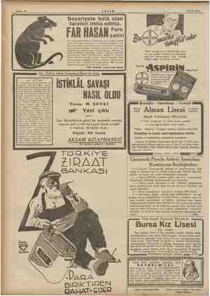    AKŞAM : 2 Eylül 1934 Beşeriyete belâ olan fareleri imha ediniz. FAR HASAN zen ila bir saniyede Öl siri mi fare zehiri bir