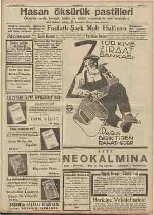    25 Teşrinisani 1934 Öksürük, nezle, bronşit, boğaz ve göğüs AKŞAM Sahife 11 Hasan öksürük pastilleri ..... hastalıklarile