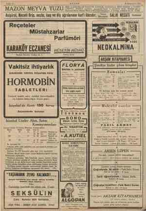    Sahife 12 MAZON MEYVA TUZU Asipirol, Necati Grip, nezle, baş ve diş ağrılarının kat'i ilâcıdır. » Reçeteler Müstahzar AKŞAM