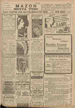    11 Mart 1935 Hazımsızlığa mide yanmalarına kabızlığa karşı MAZON MEYVA İUZU Asipirol, Necati Grip, nezle, baş ve diş...