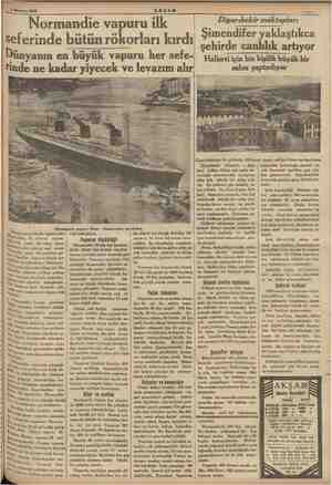    7 İY DE ME. MEZ, ee <5 Haziran 1935 AKŞAM | Normandie vapuru ilk seferinde bütün rökorları kırdı Dünyanın en büyük vapuru