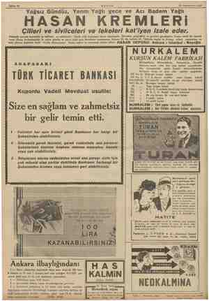      Sahife 12 AKŞAM 22 Teşrinievvei 1335 Yağsız Gündüz, Yarım Yağlı gece ve Acı Badem Yağlı HASAN KREMLERİ . . . . . . yı .