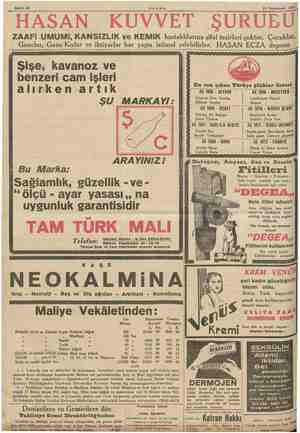  Sahife 12 AKŞAM 15 Teşrinisani 1952. 1935 HASAN KUVVET ŞURUBU ZAAFI UMUMİ, KANSIZLIK ve KEMİK hastalıklarına şifai tesirleri