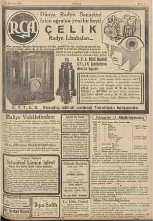    28 Teşrinieni 1835 AKŞAM Sahife 13 Dünya Radyo Sanaylini felce uğratan yeni bir keşif ÇELİK Radyo Lâmbaları... Her zaman