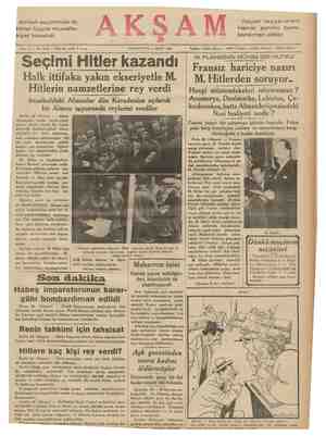  Alman seçiminde M. Hitler büyük muvaffa- kiyet kazandı Sene 18 No. 6266 — F PAZARTESİ 30 — MART 1935 İtalyan tayyareleri...