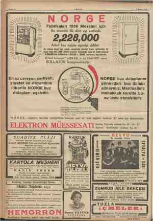    6 Haziran 1936 AKŞAM NORGE Fabrikaları 1936 Mevsimi için Bu senenin ilk dört ayı zarfında 2,228,000 MM LL #LA A Er e Aded
