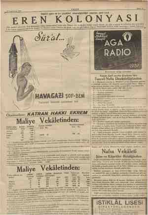  10 Teşrinievvel 1936 & , 3i a em m gramı banyo: AKŞAM ER Eren kolonyasının birkaç dı çam ve kır çiçekleri ile ilkbahara...