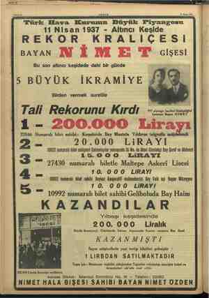    'Türk Hava mmm "Büyük alm o 11 Nisan 1937 - Altıncı Keşide REKOR KRALİÇESİ BAYAN NİMET eğe Bu son altıncı keşidede dahi bir