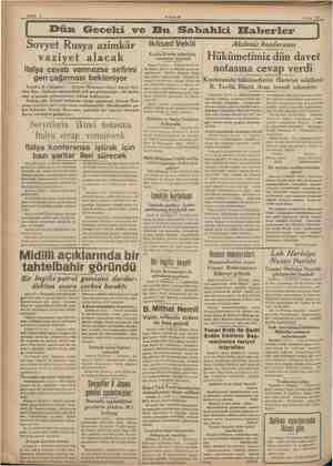    AXŞAM 9 Eylül 1937 Sovyet Rusya azimkâr vaziyet İtalya cevab vermezse sefirini geri çağırması bekleniyor Londra 9 (Akşam) —