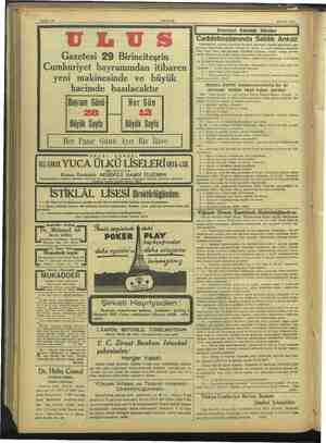    Sahife 10 29 Eylül 1937 U Bayram Büyük Gazetesi 29 Birinciteşrin Cumhuriyet bayramından itibaren yeni makinesinde ve büyük