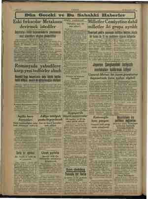    mi e si AEŞAM 4 KAnunusani 1938 Dün Geceki ve Bu Sabahki Haberler Eski fırkacılar Metaksası devirmek istediler Dağıttıkları